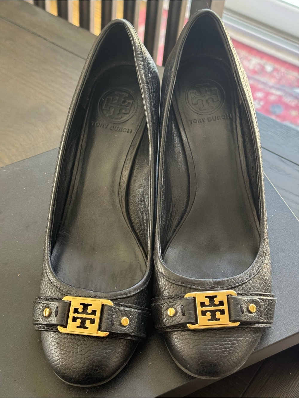 Tory Burch Black Leather Ballet Flats with Gold Logo Plaques